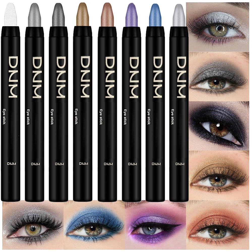 8Pcs Glitter Eye Shadow Sticks Liner Pencils Makeup, Pearl White Smokey Black Gray Silver Violet Purple Khaki Royal Blue Shimmer Glitter Eyeliner Pencil Cream Eyeshadow Palette Makeup for Older Women