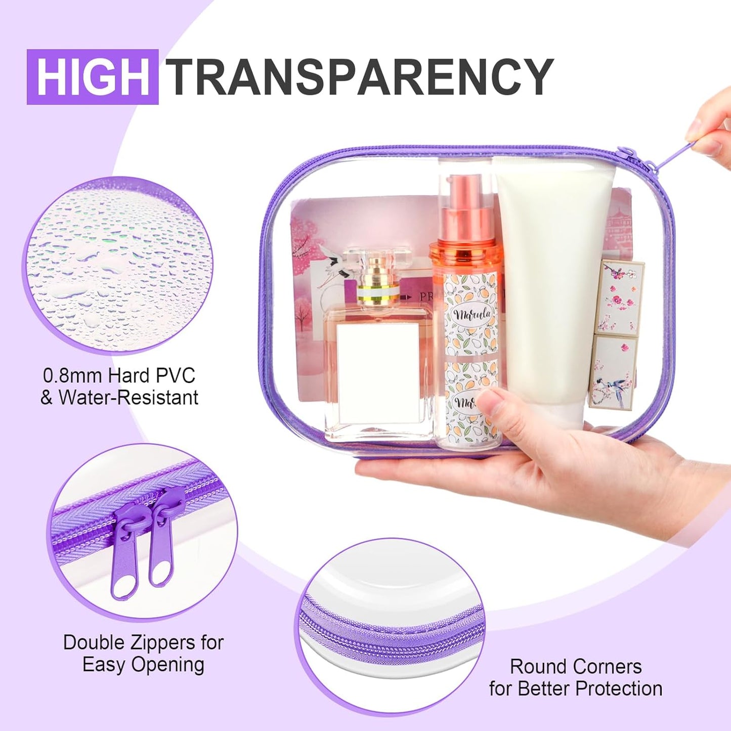 Sanwuta 6 Pcs Clear Hard Zipper Case Pencil Pouches Hard Plastic Zipper Pouches Makeup Bag Transparent Cases for Snacks Plastic Storage Organizer Box for Travel(Purple,7.87 x 5.9 x 2 Inch)