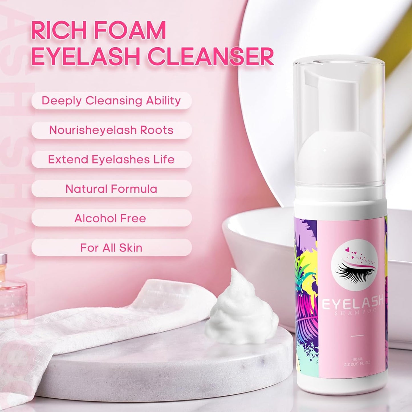 Buqikma Lash Cleaning Kit - Lash Shampoo Kit Eyelash Extension Cleanser for Extensions 60ML with Rechargeable Handheld Lash Fan Dryer Mascara Brush Rinse Bottle Makeup Cleansing Foam for Lash Care