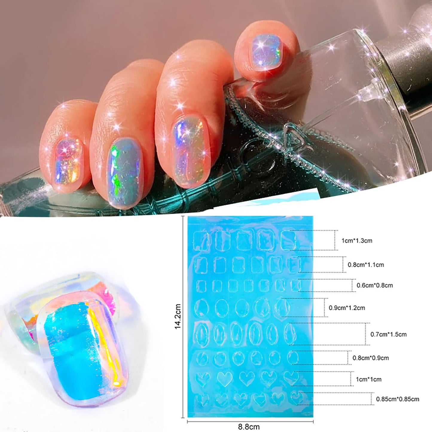 WOKOTO 11 Sheets Aurora Nail Foil Sheets for Women Nail Art, Broken Glass Paper Heart, Oval,and Block Shapes Holographic Nail Film ice-Like Stickers Laser Nail Decals DIY Nail Art Decoration