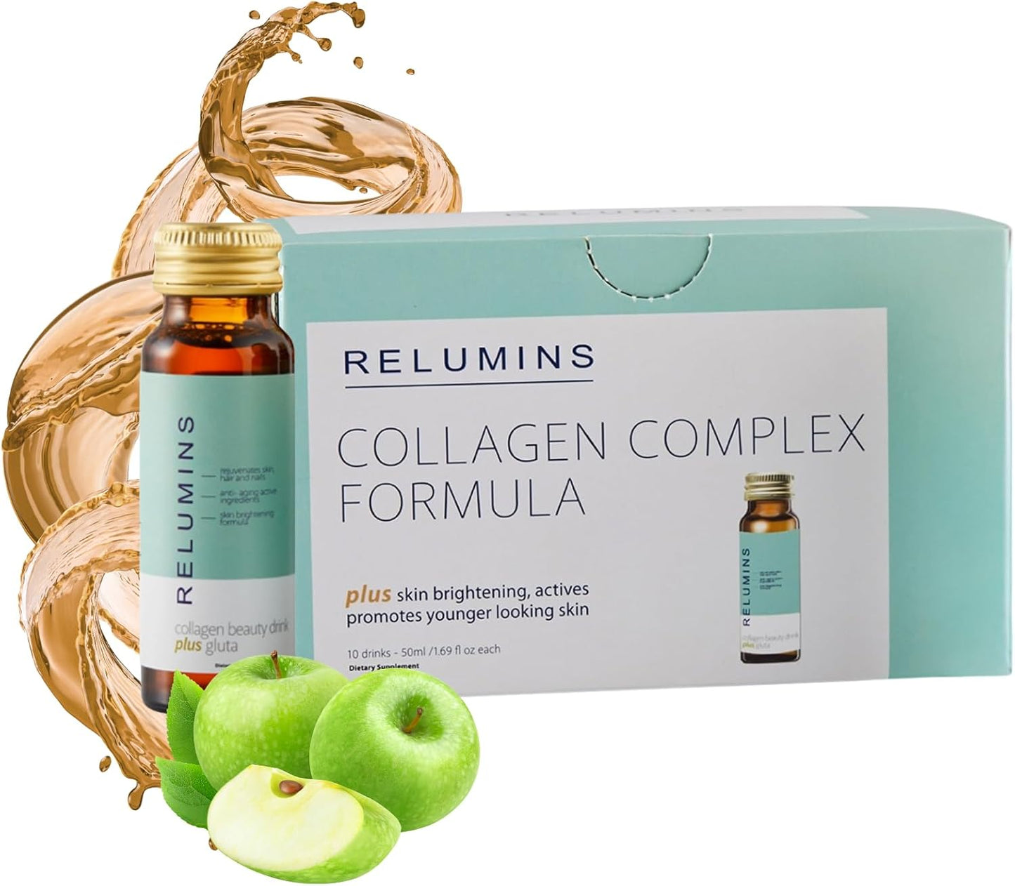 Relumins Advanced Collagen Beauty Drink with Glutathione, Hyaluronic Acid & Antioxidants - Post-Summer Skin Recovery & Shots for Radiant Skin, Hair & Nails - Apple Flavor - 10 Bottles x 50mL