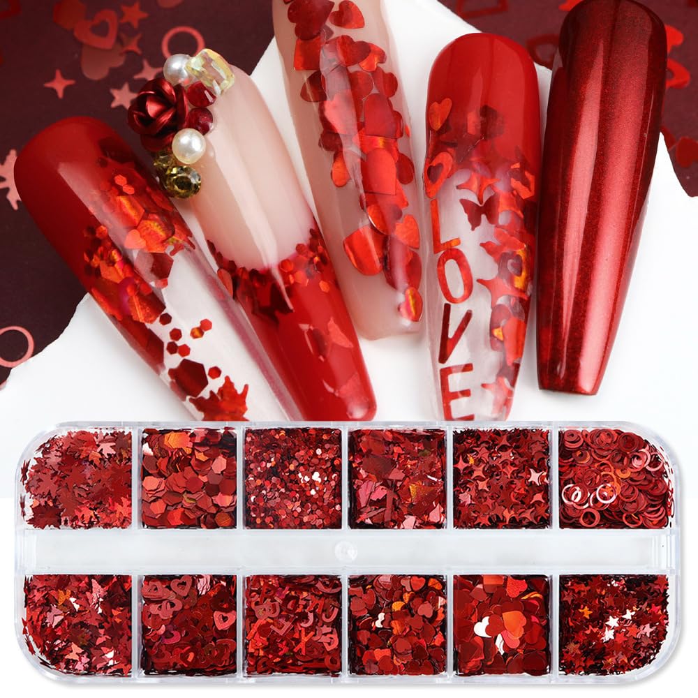 Valentine’s Day Glitter Nail Art Sequins 3D Laser Red Heart Glitters Nail Decals，Holographic Love Heart Letters Butterfly Stars Circle Nail Art Supplies for Women Manicure Charms Decorations 12 Grids
