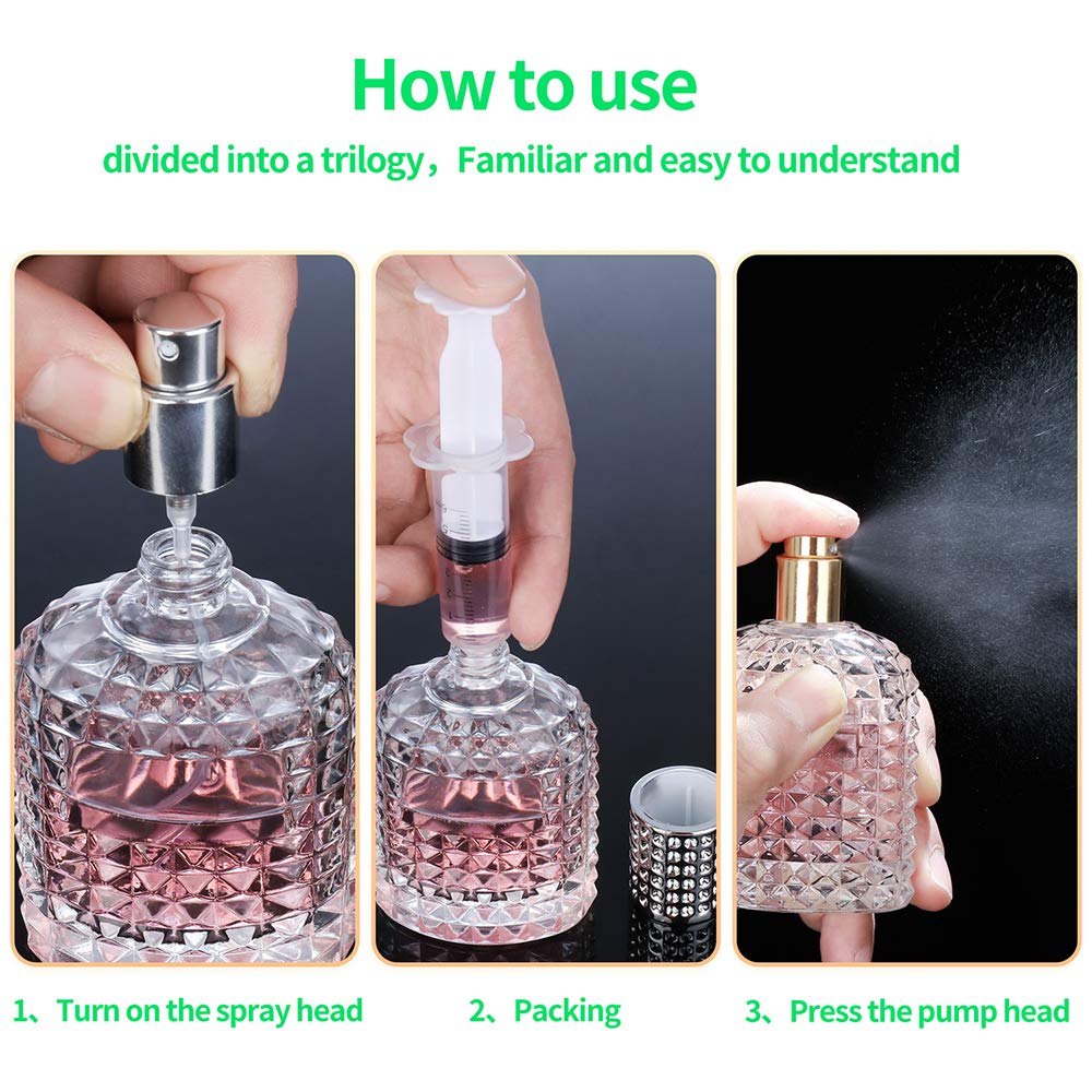 2 Pack 50ml Thick Clear Glass Fine Mist Spray Scent Aftershave Luxury Perfume Bottles Empty Atomizer Spray Bottle with 4 kinds of perfume dispenser (Silver cap and Gold cap)