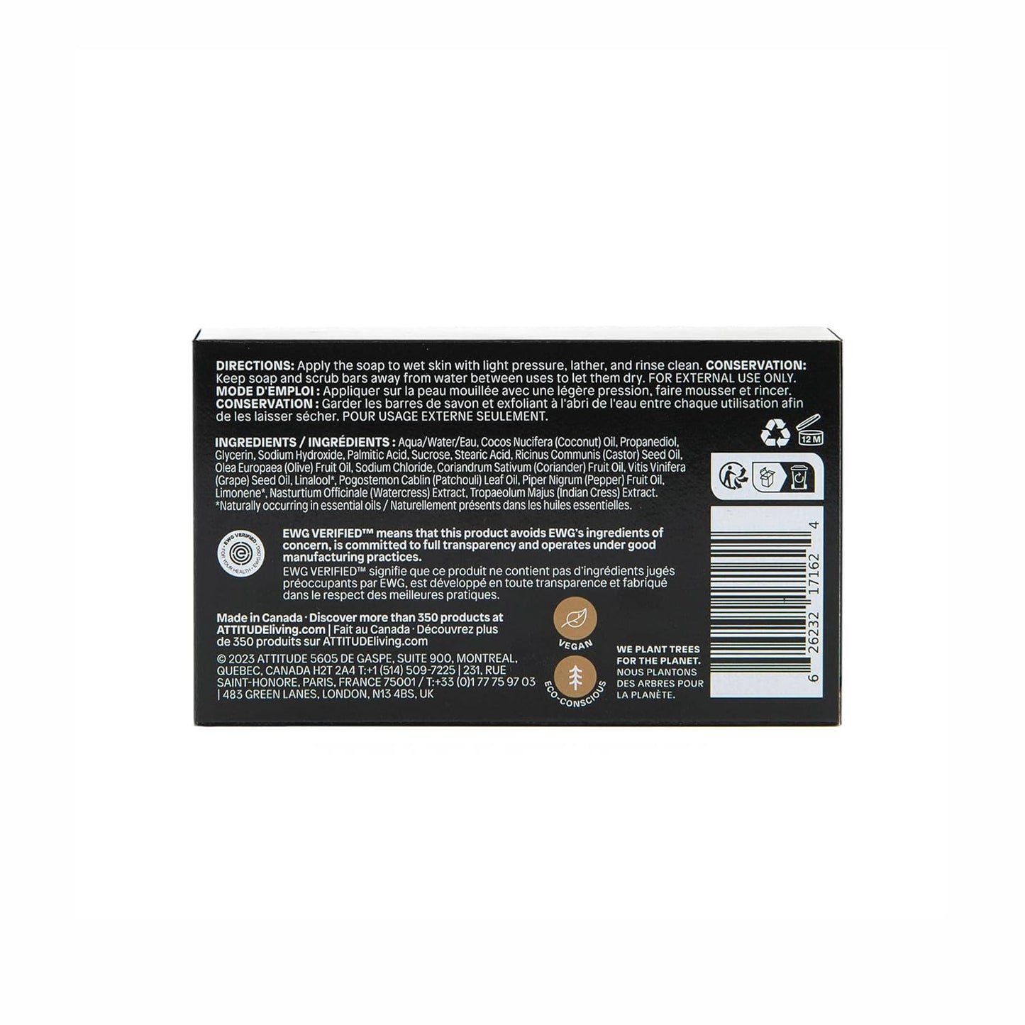 ATTITUDE Bath and Shower Body Soap Bar, EWG Verified, Plastic-free, Plant and Mineral-Based Ingredients, Vegan and Cruelty-free Personal Care Products, Patchouli and Black Pepper, 4 Ounces (Pack of 2)
