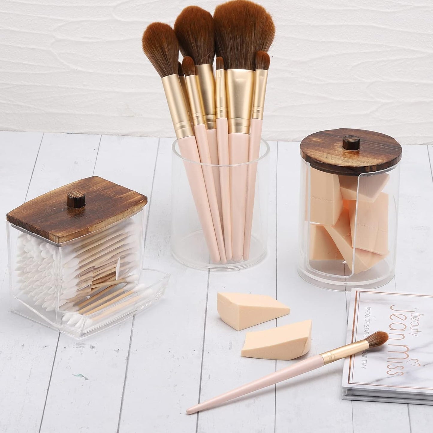 Tbestmax Bathroom Organizer Accessories Set-10 OZ,7 OZ Qtips Holder Storage with Wood Lids, Cotton Ball/Swabs Dispenser, Apothecary Container Jar 3 Pcs