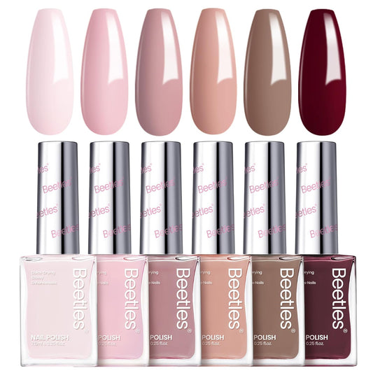 Beetles Fall Nail Polish Set Coconut Mousse 6 Colors, Nude Nail Polish Quick Dry Long Lasting Neutral Brown Red Pink Lacquer Glossy for Women Salon DIY Nail Art