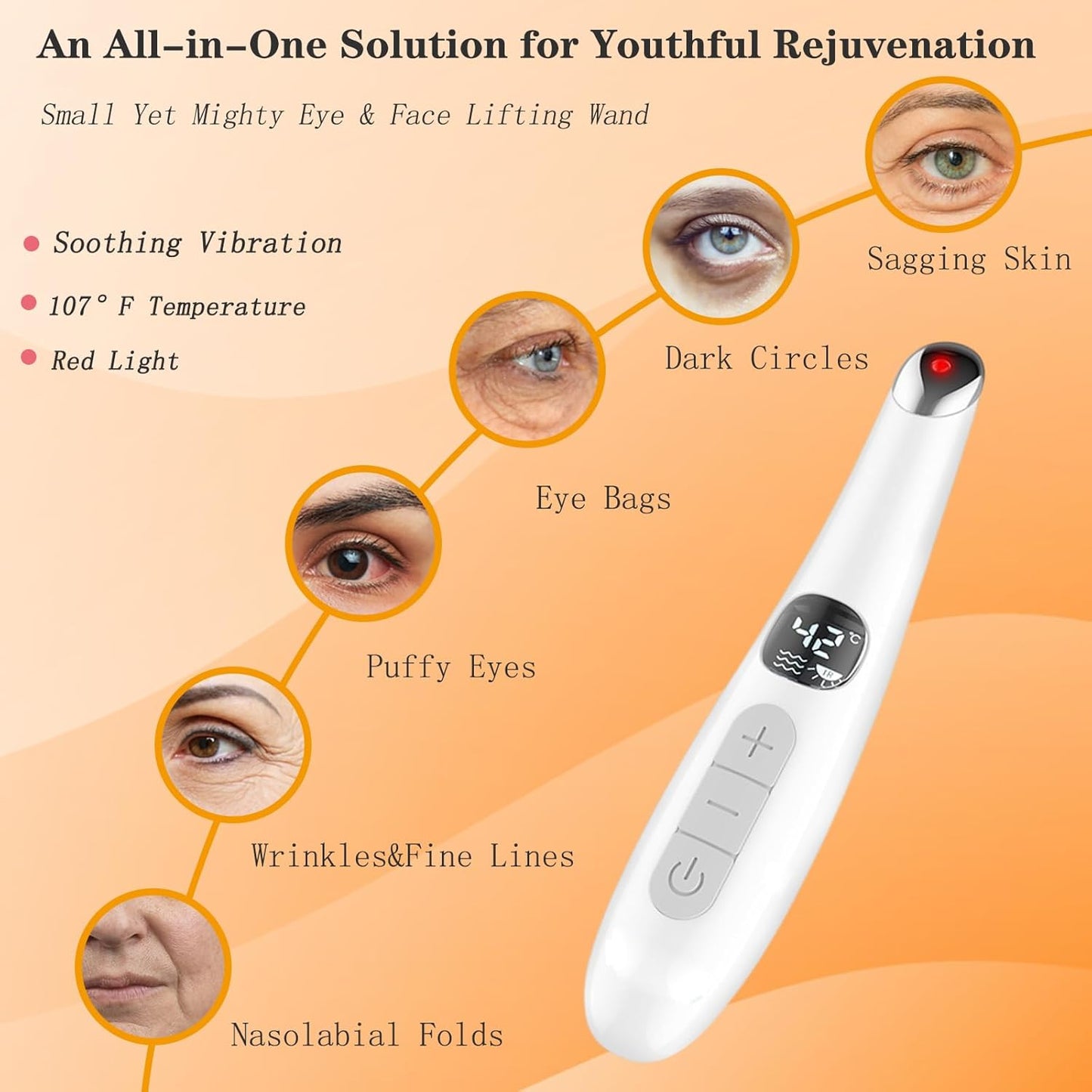 3 in 1 Eye Lift Wand, Vibrating 98°F to 113°F LCD Display Screen Massager for Dry Eyes, Dark Circles, Puffiness, Fine Lines and Wrinkles, Cream White