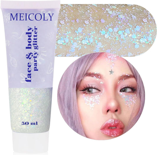 MEICOLY Chameleon Iridescent White Body Glitter,Chunky Face Glitter Paint Ice Themed Aerial Performance,Color Changing Mermaid Face Glitter,Opal Glitter for Face Body Hair,Festival Party Cheer Makeup