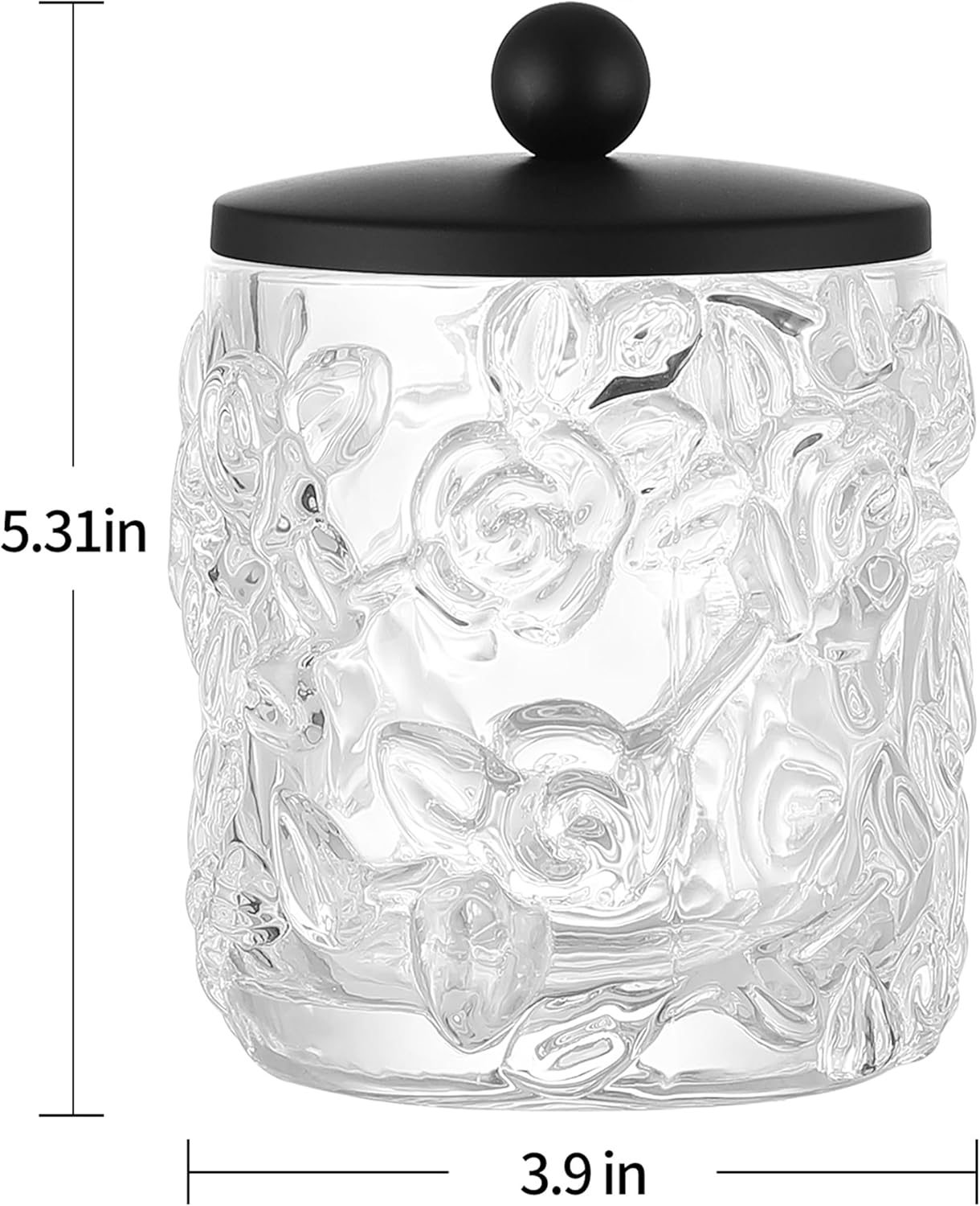 Home Glass Cotton Jar Holder Matte Black Lid, Elegant Bathroom Storage Canister for Qtips, Cotton Balls, Floss, Makeup Organizer, Vanity Bathroom Organization (UPDATED BLACK)