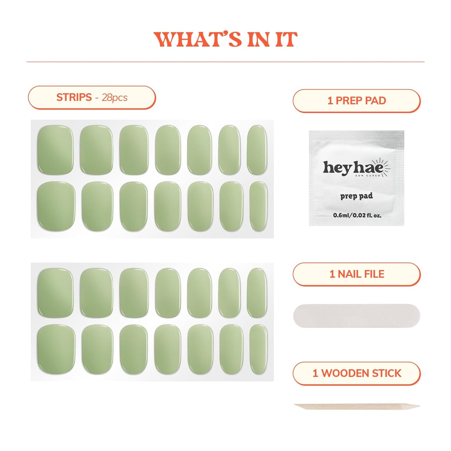 Semi Cured Gel Nail Strips | No LED Lamp Needed | Solid, Green, Spring | Easy Apply & Remove, Salon Quality | Includes 28 Strips, 1 Prep Pads, Nail File & Wooden Stick - Hey, Matcha Girly