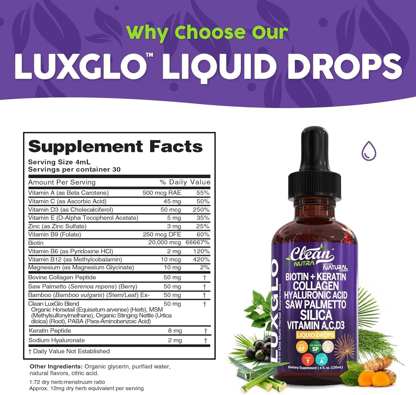 Biotin Liquid Drops Collagen Keratin Hyaluronic Acid Saw Palmetto for Hair Skin and Nails Silica Vitamin A C Vitamin D Bamboo Turmeric Zinc Folate Magnesium Horsetail LuxGlo by Clean Nutra - 2Pack