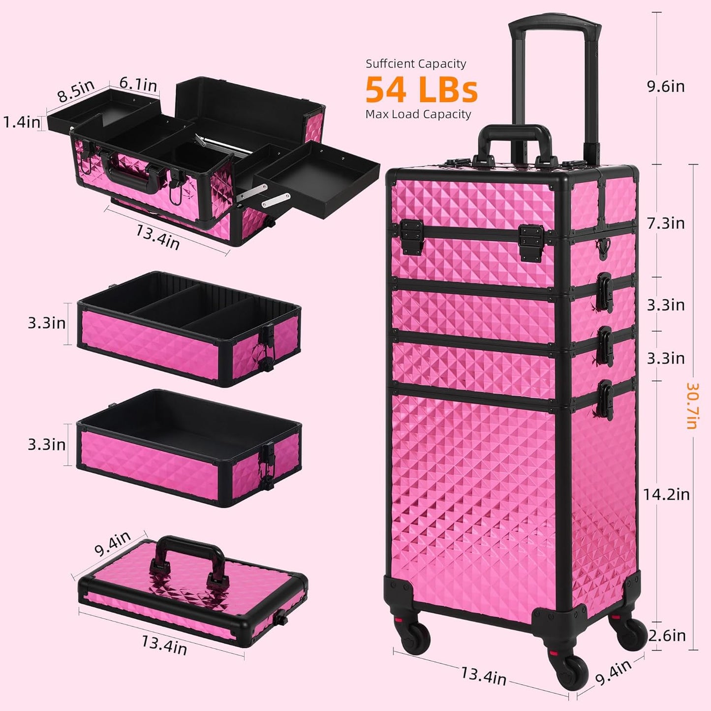 Rolling Makeup Case, Makeup Train Case with Lid, 5 in 1 Cosmetology Case on Wheels, Christmas Gift, Large Makeup Organizers, Profesional Cosmetic Case for Salon Barber, Rose Red