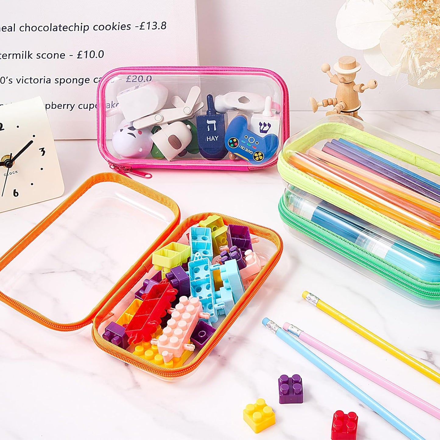 Hoolerry 4 Pcs Hard Clear Zipper Case Makeup Bags Plastic Pencil Pouch Transparent Storage Box Containers for Cosmetics, Snacks, Building Blocks, Puzzles(Fluorescent,7.5 x 3.9 x 2 in)