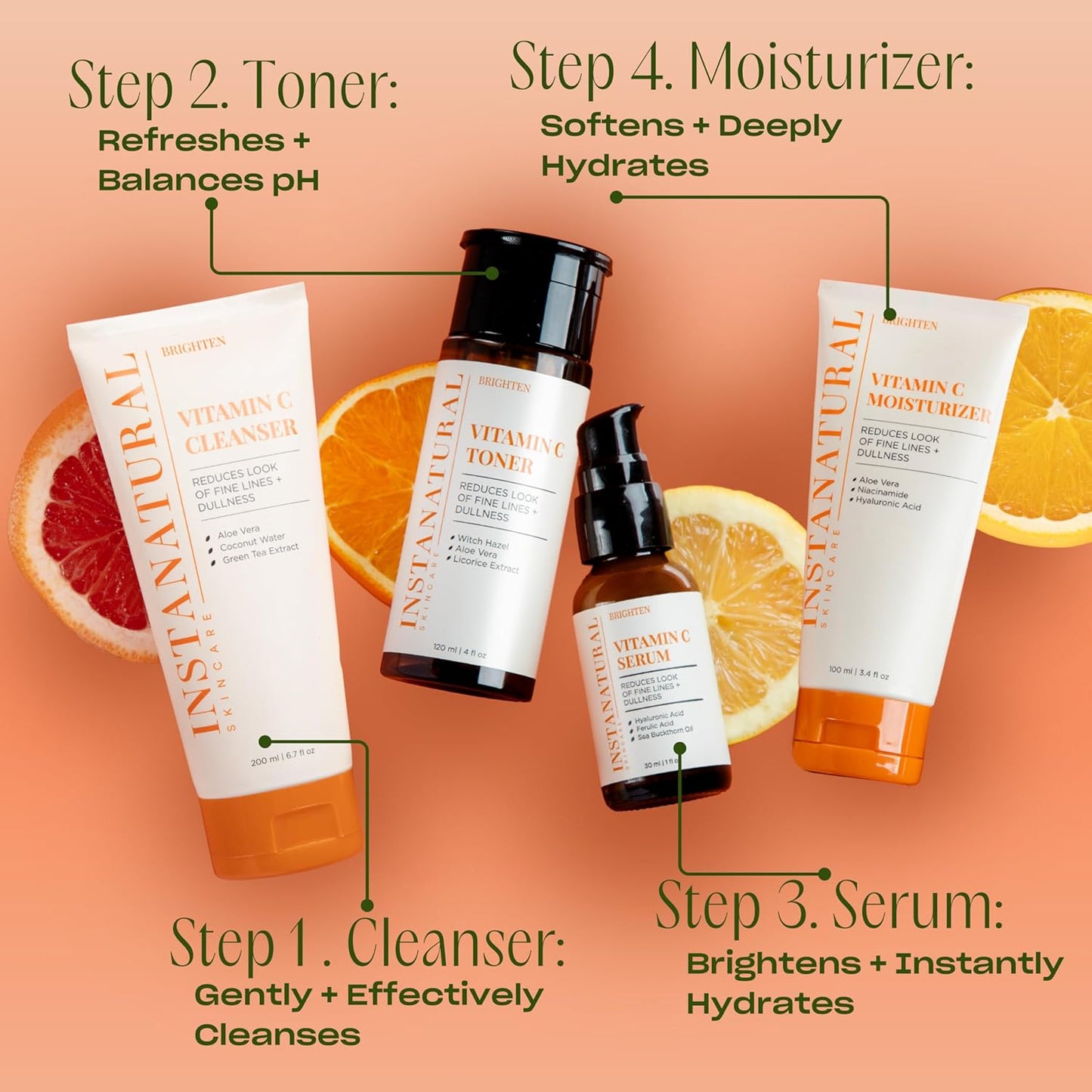 InstaNatural Vitamin C Four Step Skin Care Set with Face Wash, Toner, Serum & Moisturizer | All Natural Brightening & Hydrating Routine with Botanical Extracts – 1.68 Fl Oz (Pack of 4)