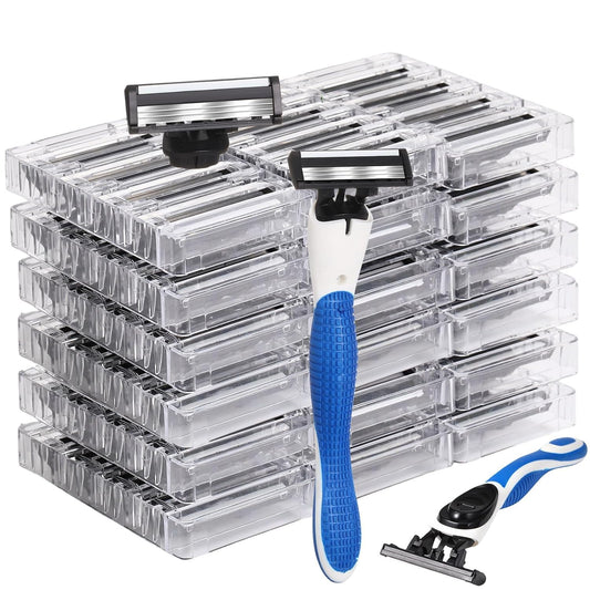 50 Pcs Refillable Three Blade Disposable Razors for Men Set Sensitive Skin Razor Travel Shave Set Shaving Gift Set, 2 Handle & 48 Cartridges