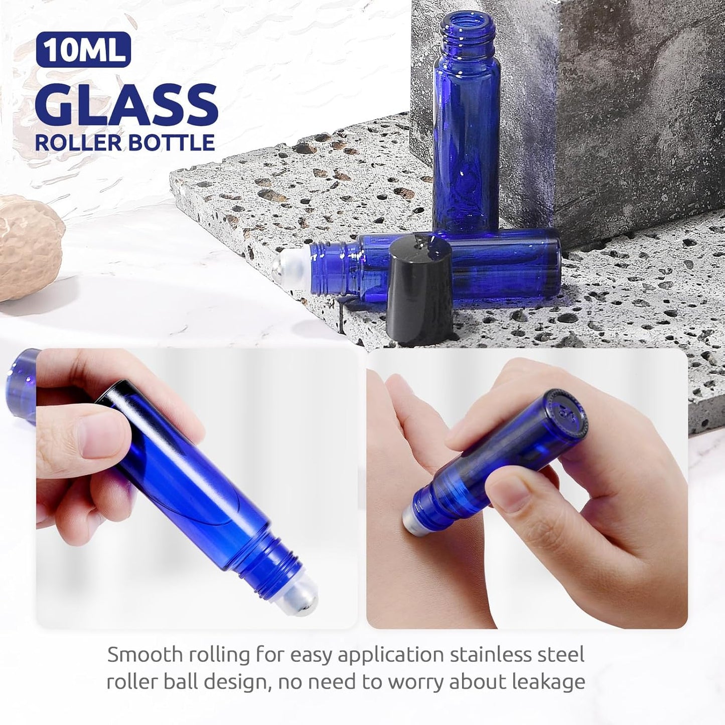 8 Pack, Essential Oil Roller Bottles, 10ml Blue Glass Roll on Bottles with Black Lids, Stainless Steel Roller Ball, Opener, Pipettes, Funnel, 8 Stickers, Refillable Container for Perfume