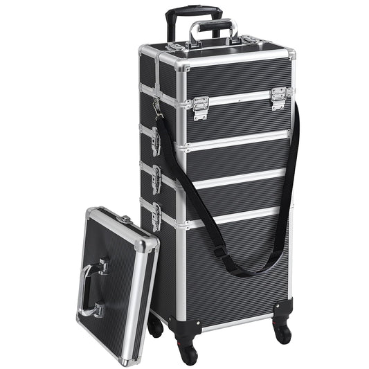 Yaheetech Professional Makeup Train Case 5 in 1 Cosmetology Case on Wheels Aluminum Beauty Travel Case Rolling Cosmetic Organizers & Storage Black