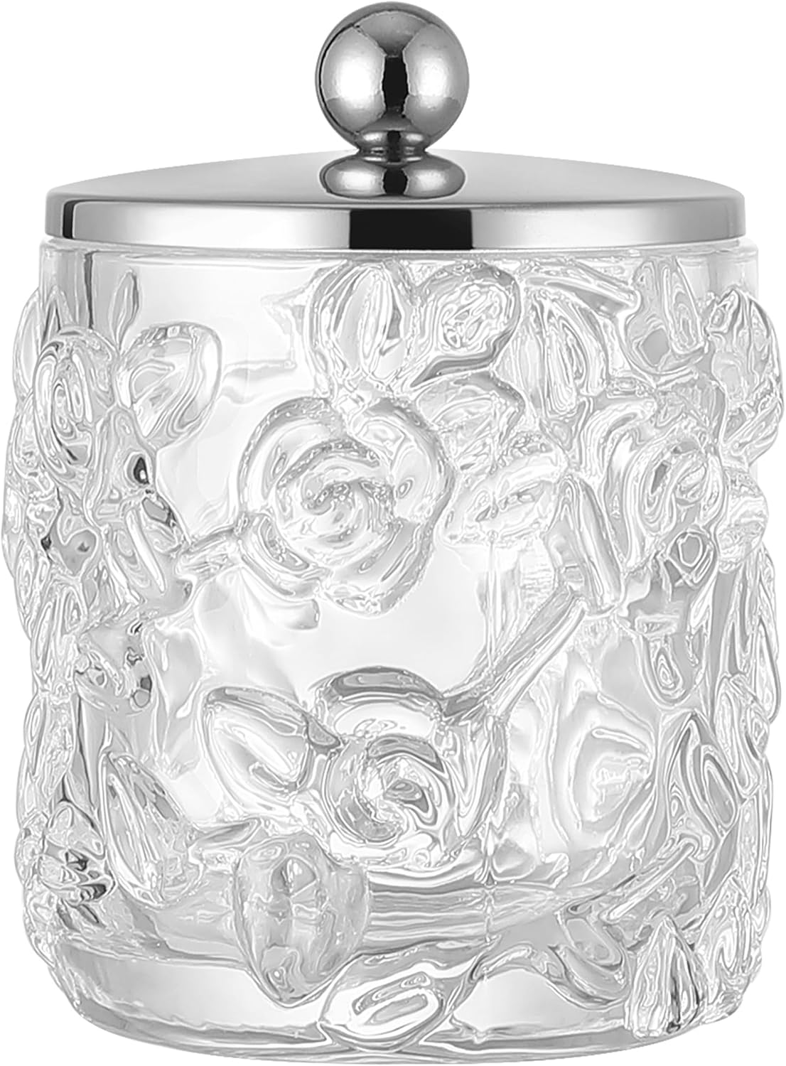 Home Glass Cotton Jar Holder Silver Lid, Elegant Bathroom Storage Canister for Qtips, Cotton Balls, Floss, Makeup Organizer, Vanity Bathroom Organization