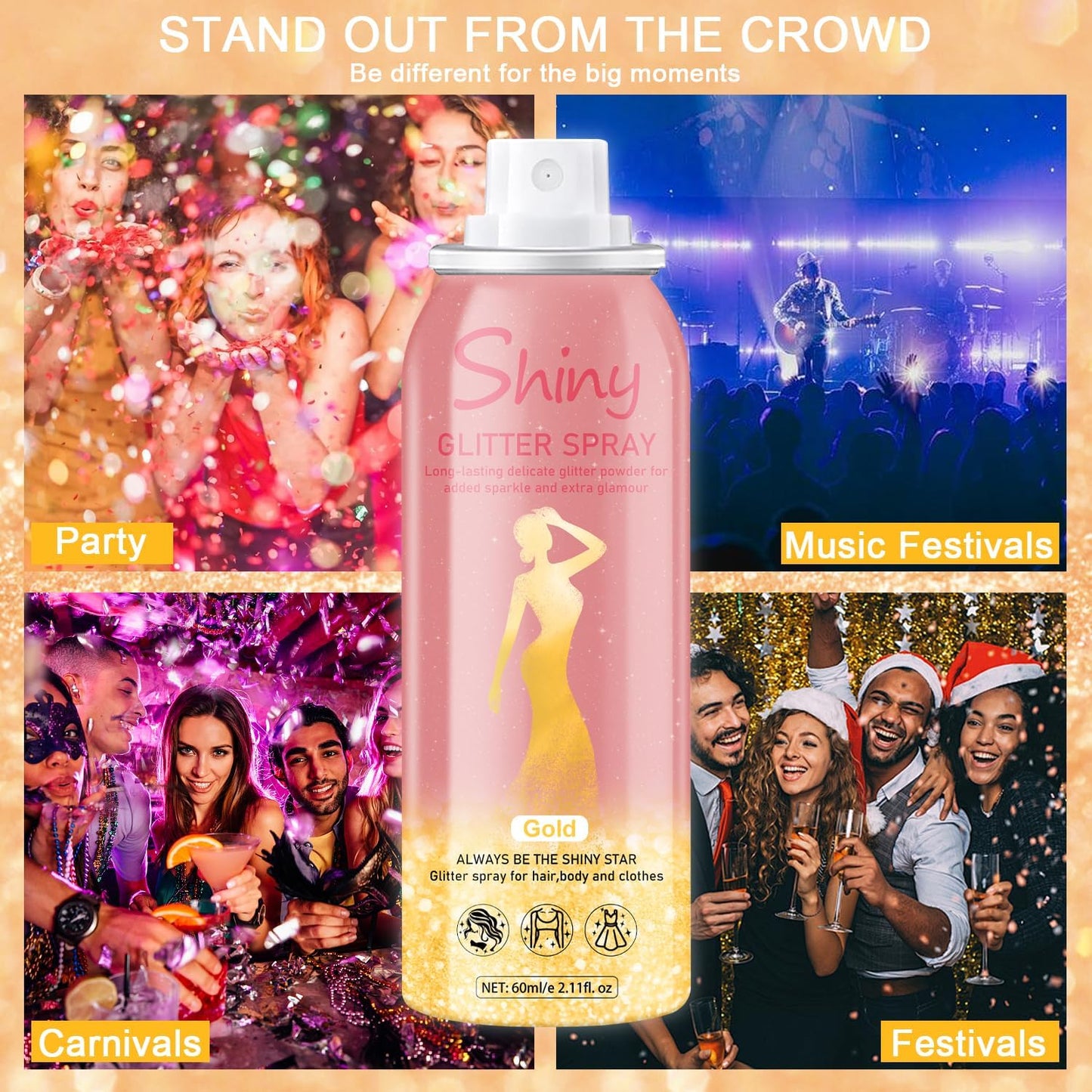 Hair and Body Glitter Spray, Holographic Glitter Highlighter Powder, Hairspray for Clothes, Face Body Shiny Glitter, Loose Shimmer Hairspray Festival Rave Prom Accessories, 2.11 Fl Oz(Gold)