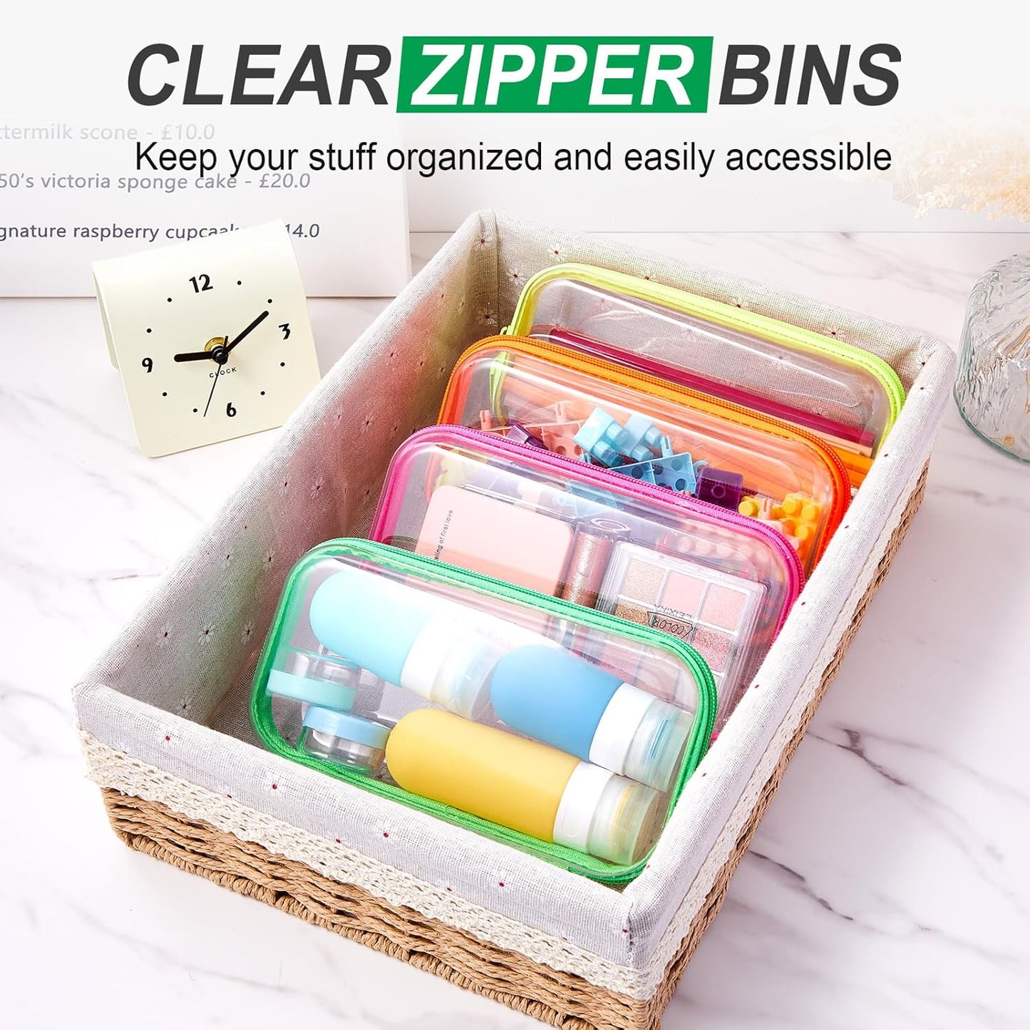 Hoolerry 4 Pcs Hard Clear Zipper Case Makeup Bags Plastic Pencil Pouch Transparent Storage Box Containers for Cosmetics, Snacks, Building Blocks, Puzzles(Fluorescent,7.5 x 3.9 x 2 in)