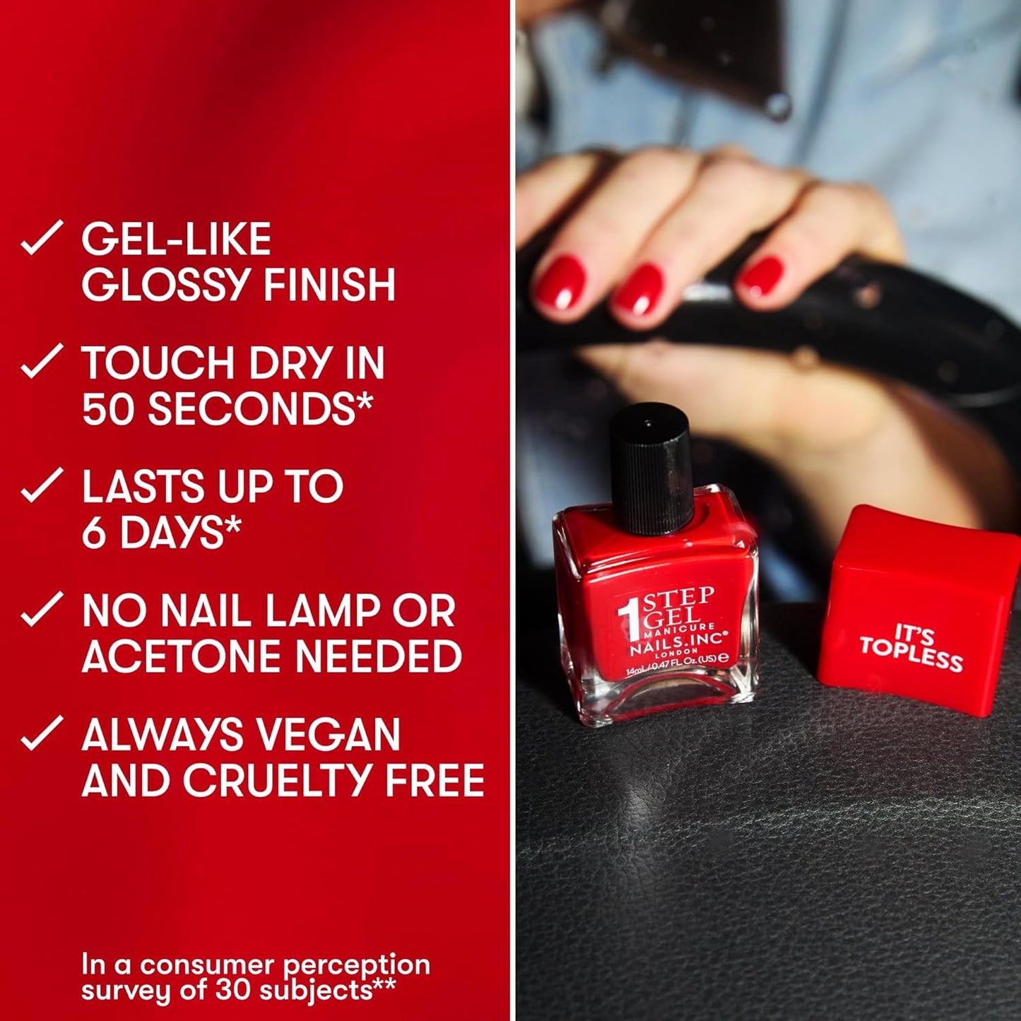 Nails Inc It's Topless Gel-Like Nail Polish, 4-in-1 Base Coat, Treatment, Color, Top Coat, Long Lasting, Strong, Chip Free Nails, Glossy Salon Quality Manicure, Air Dry Nail Polish, Dakota, 0.47 Fl Oz