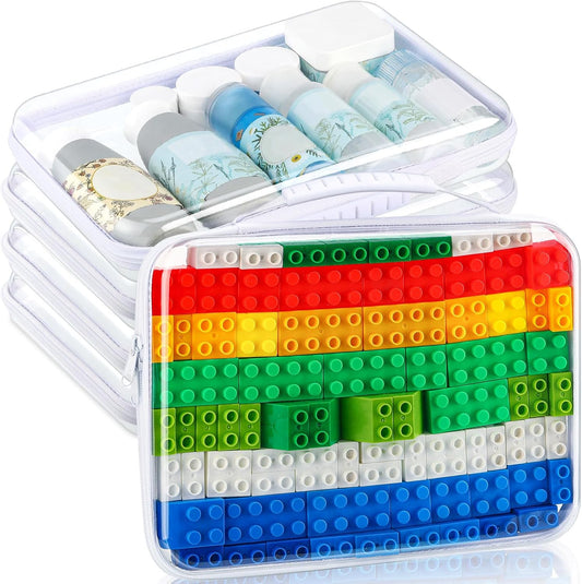 Sanwuta 4 Pcs Clear Hard Zipper Case with Handle Office Storage Cases Hard Plastic Pouches Transparent Bins for Crafts, Pencils, Snacks, Cosmetics, Puzzles(12.6 x 9 x 2 Inches,White)