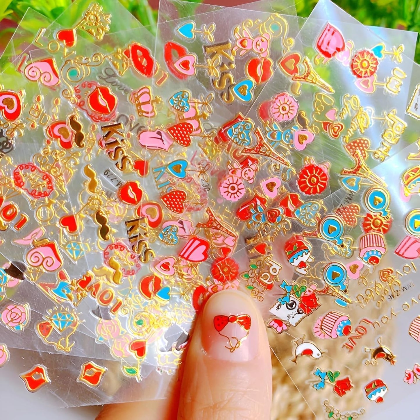 30 Sheets Valentine Nail Stickers: 3D Self-Adhesive Red Heart Designs, Rose Lip Bow, Valentine Decals & Supplies