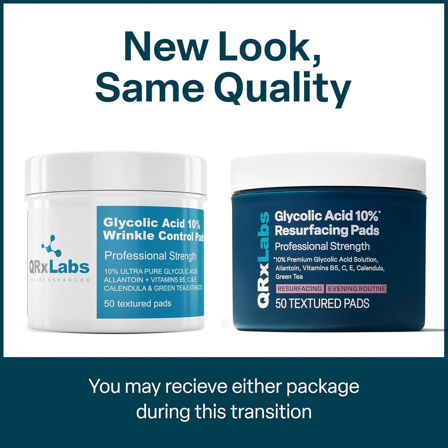 QRxLabs Glycolic Acid - Resurfacing Peel Pads - 50-Count Jar - Exfoliating Face Pads With Vitamins B5, C & E & Green Tea Extract - Calendula & Alcohol-Free Rinse-Free