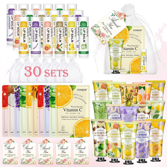 30 Pack Bulk Facial Mask, Bulk Hand Cream and Bulk Lip Balm Sets, Bridesmaid Gifts, Thank You Gifts, Bridal Shower Favors and Baby Shower Party Favors for Guests, Birthday Gifts, Small Gifts for Women