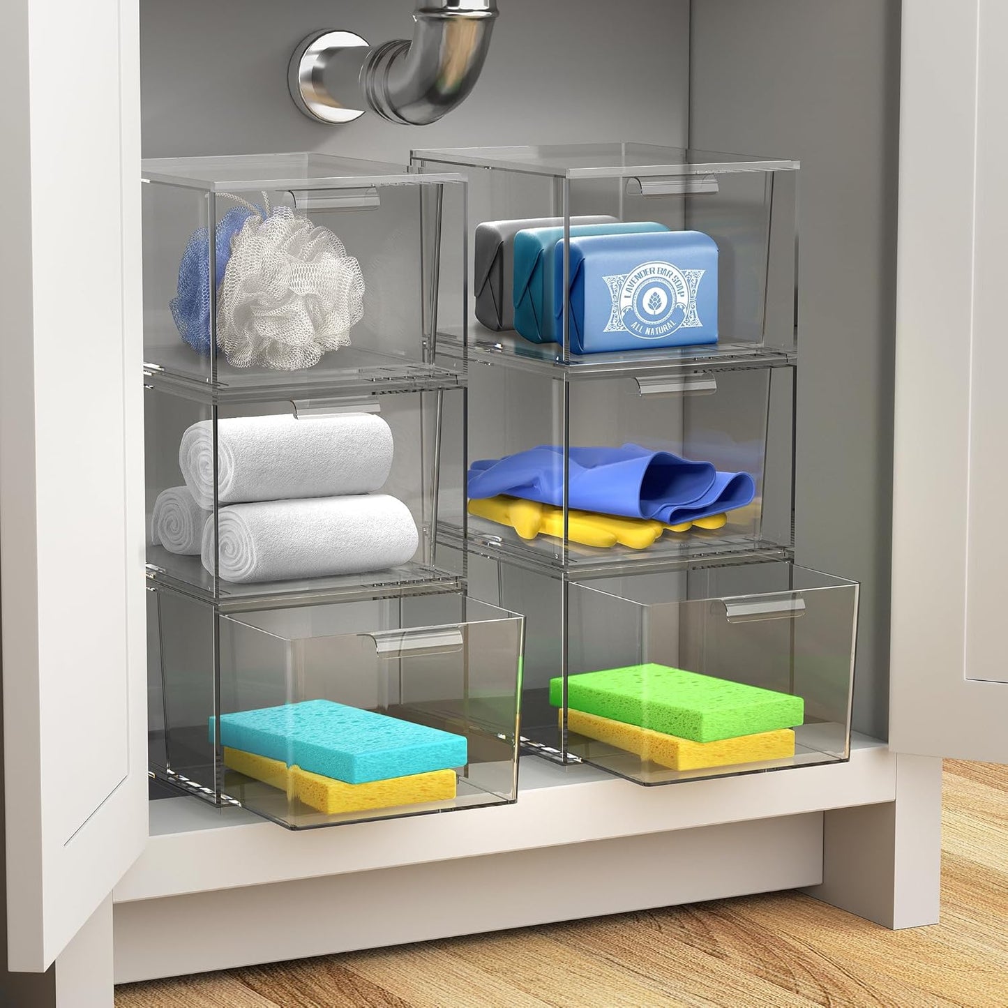 Sorbus Square Clear Stackable Storage Drawers – 4-Pack Plastic Organizer Bins with Handles – Stackable Pull-Out Storage Drawers for Closet, Pantry, Office, Bathroom, Craft, and Toy Organization
