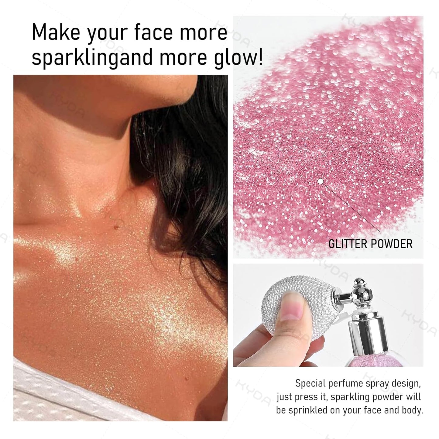 KYDA Highlighter Powder Spray, High Glossy Shimmer Sparkling Powder for Face and Body Glitter Makeup, Body Glitter Spray, Golden