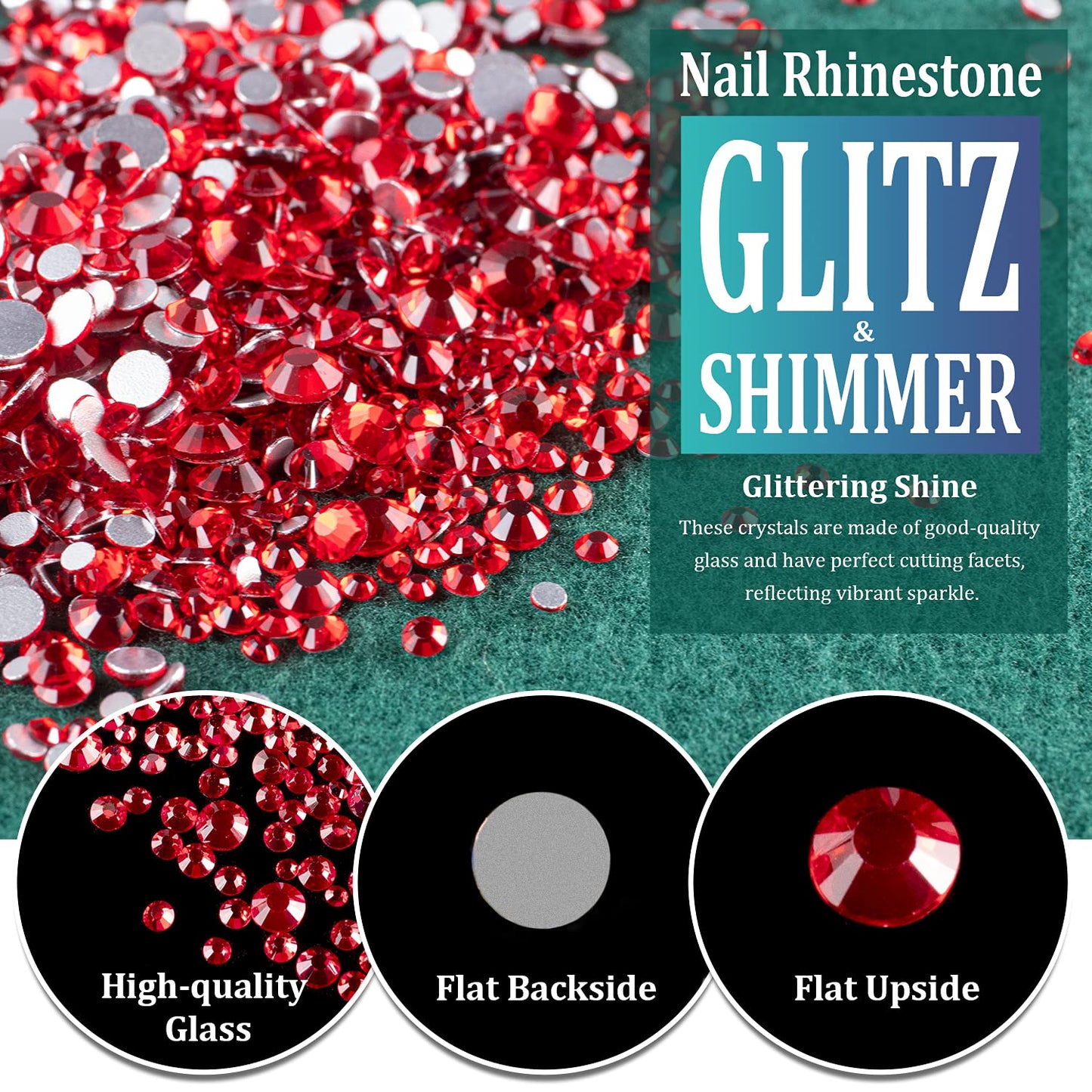 3440PCS 6 Sizes Red Glass Crystal Kit with Pickup Pen + Tweezer Tools for Iridescent Shine Nail Art Manicure Makeup DIY Deco Flatback Round Bead Rhinestone Gem Jewelry Diamond