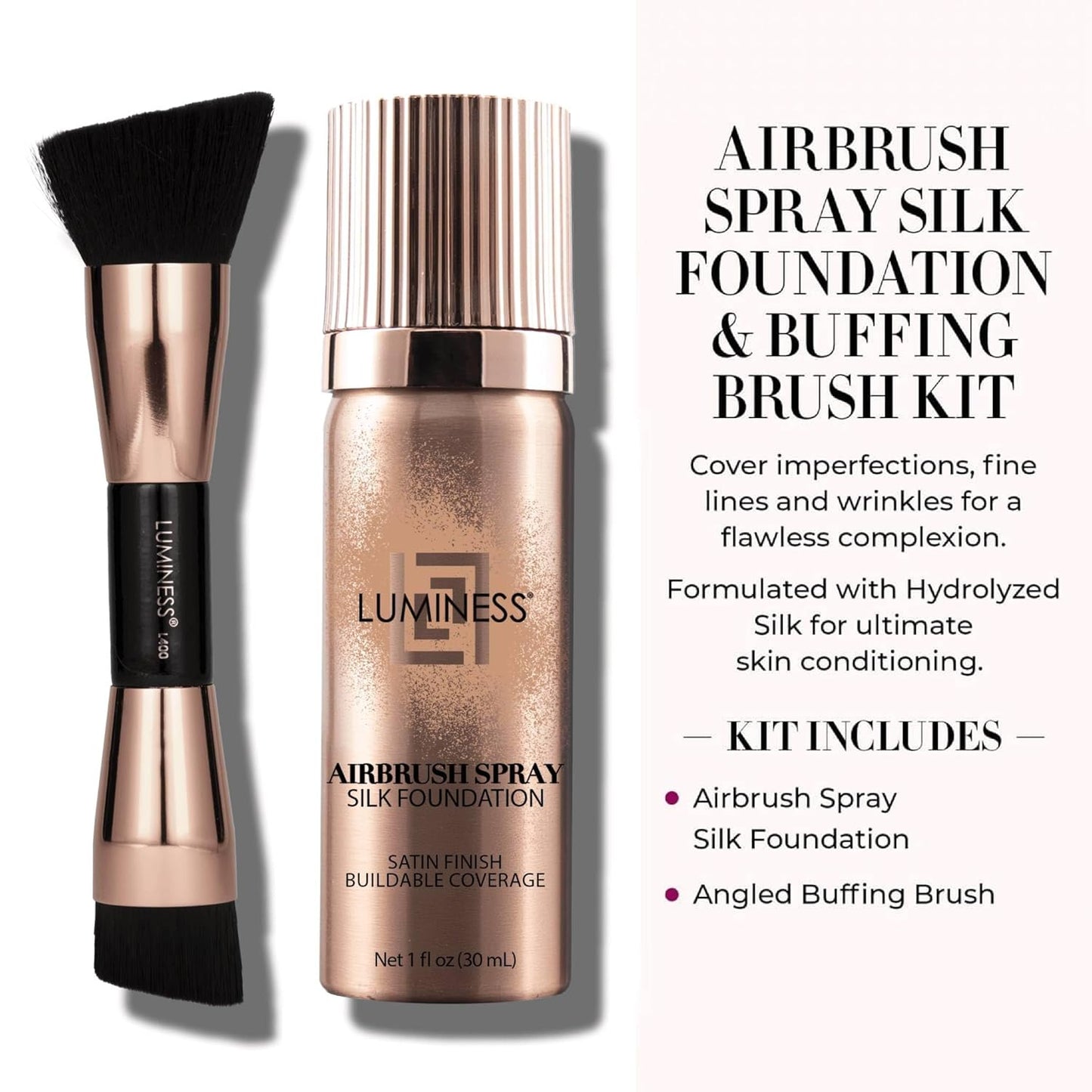 LUMINESS Silk Airbrush Spray Foundation 2-PC Kit - Foundation & Dual-Sided Angled Makeup Brush - Buildable Coverage, Anti-Aging Formula, Humidity Resistant, Hydrates & Moisturizes, Light Fair