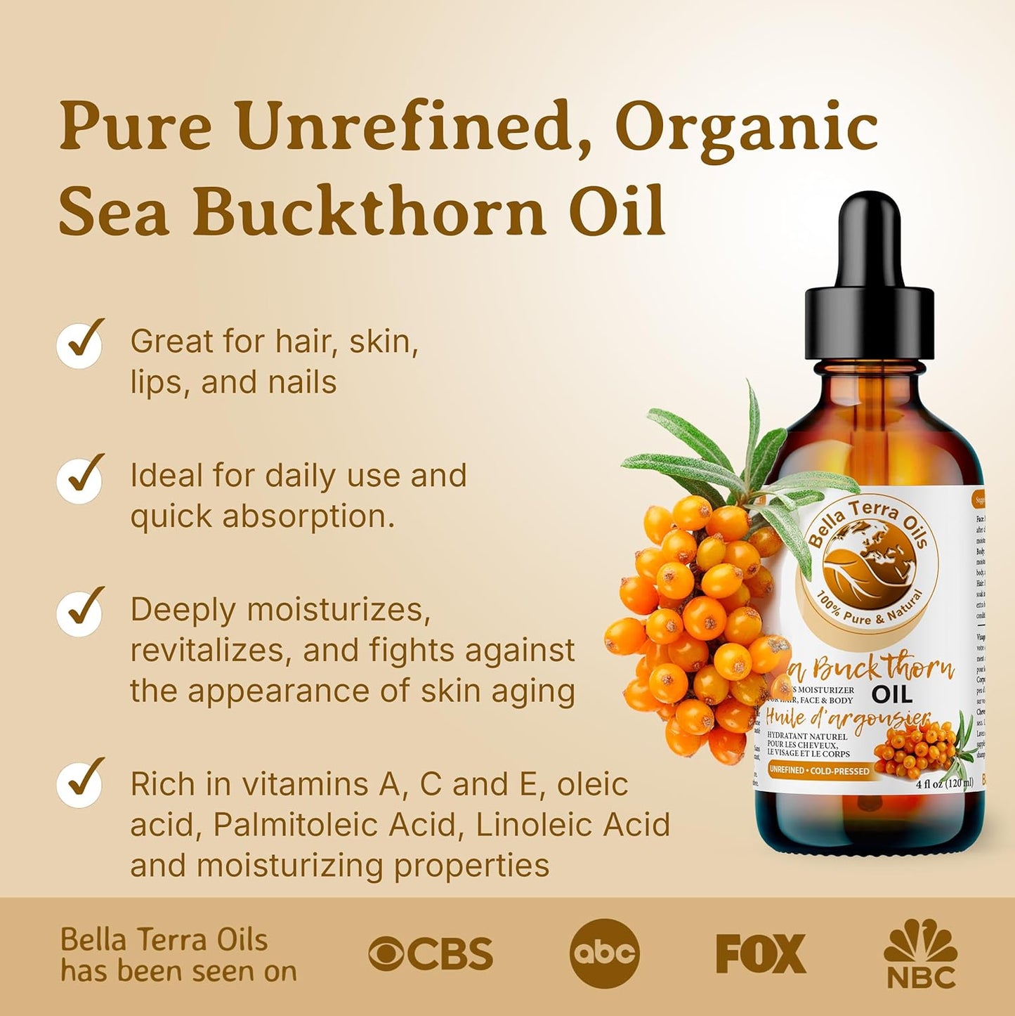Bella Terra Oils - Seabuckthorn Berry Oil 4oz - Experience Nature's Luxurious Touch, Brimming with Vitamin E & Carotenoids, Transcend Ordinary Skincare