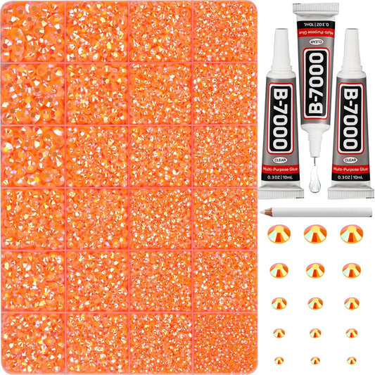 30000Pcs Resin Jelly Rhinestones Set for Crafting Bedazzling, Orange AB Flatback Gems Jewels for Crafts Clothes Shoes Fabric Outfit Nails Makeup, Flat Back Crystal 2-6mm with b 7000 Glue