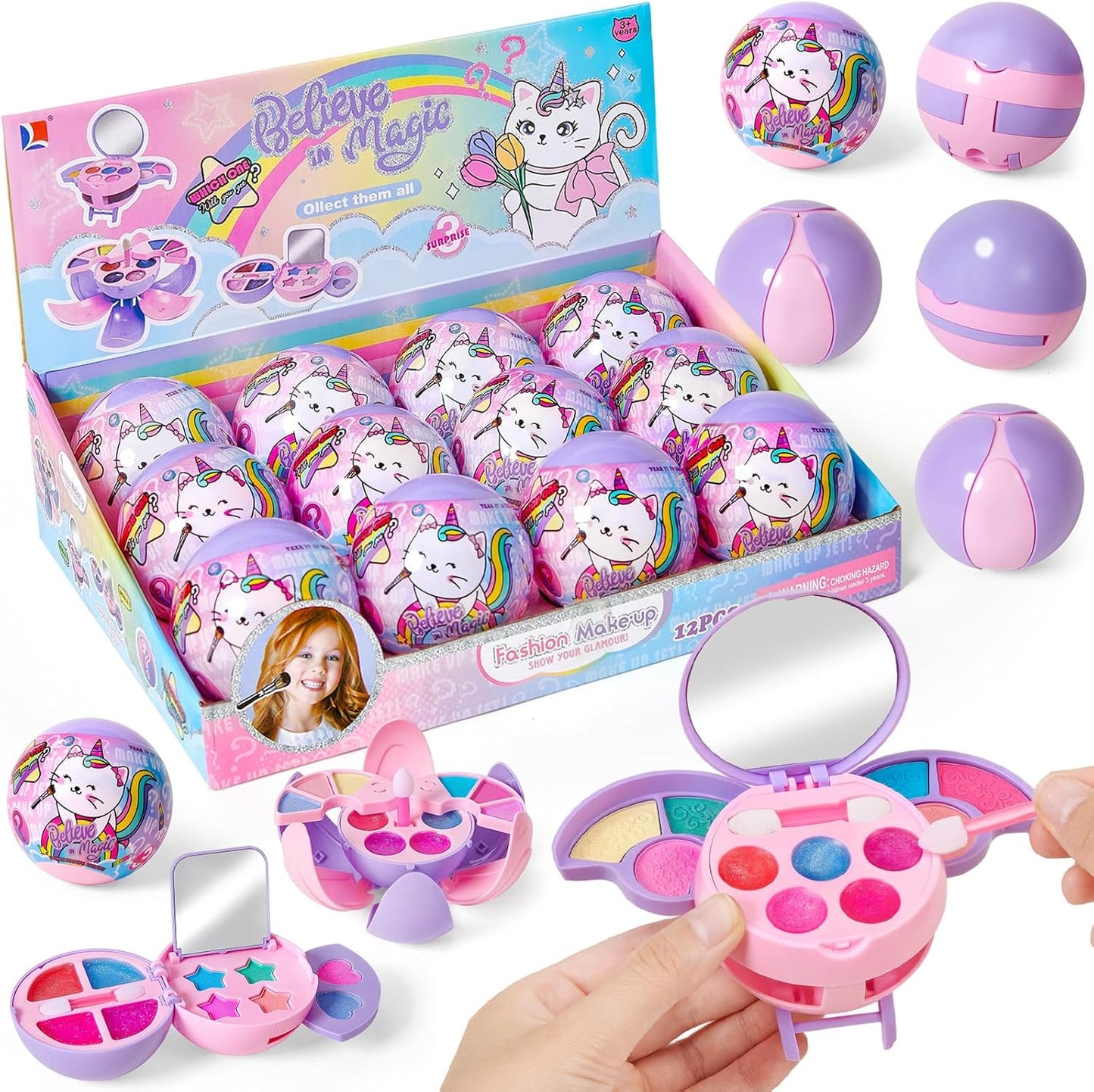 12 Pack Kids Makeup Blind Ball Party Favors - Surprise Cosmetic Blind Balls with Lip Gloss, Eyeshadow & Sponge Blusher (3 Styles, 2 with Mirrors), Party Favors Supplies Gifts for Girls