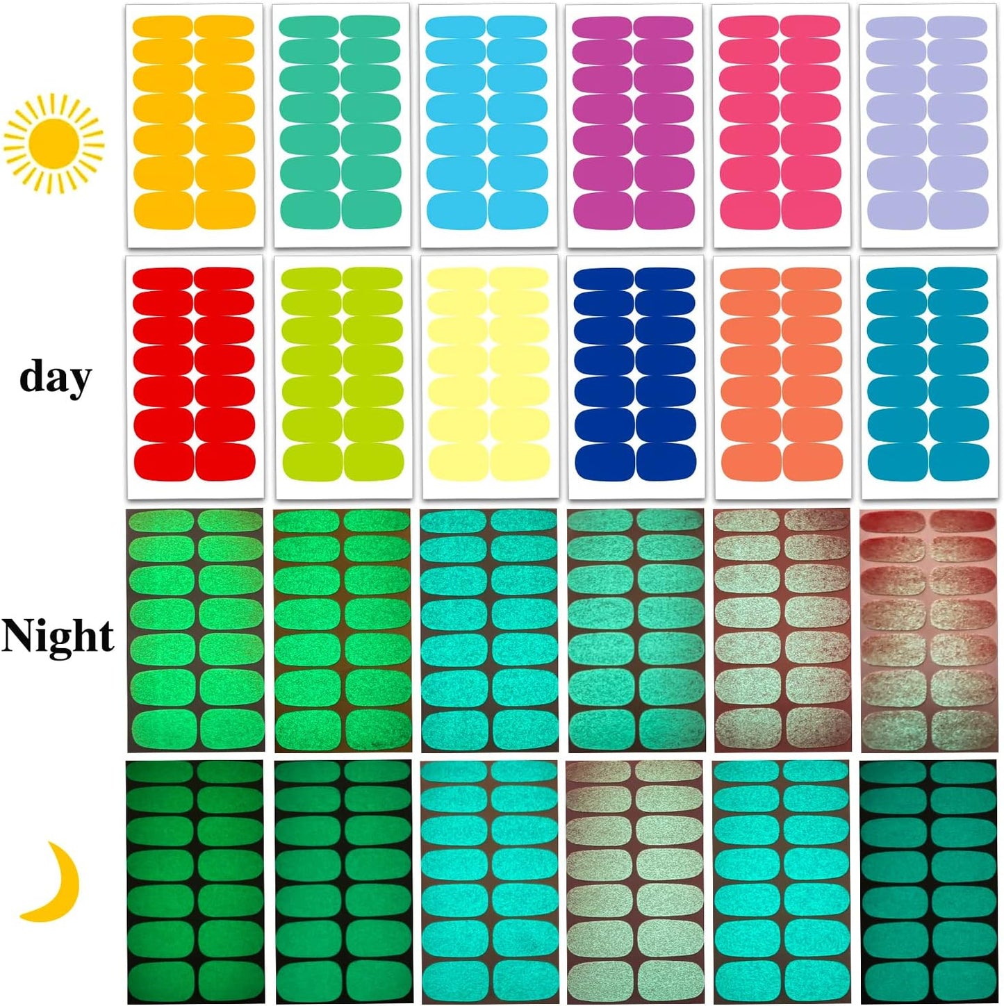 JERCLITY 168 Pieces 12 Sheets Luminous Solid Color Nail Polish Strips Glow in The Dark Nail Wraps for Short Nails Nail Decals Self-Adhesive Nail Stickers Full Nail Wraps for Women Girls Nail Art