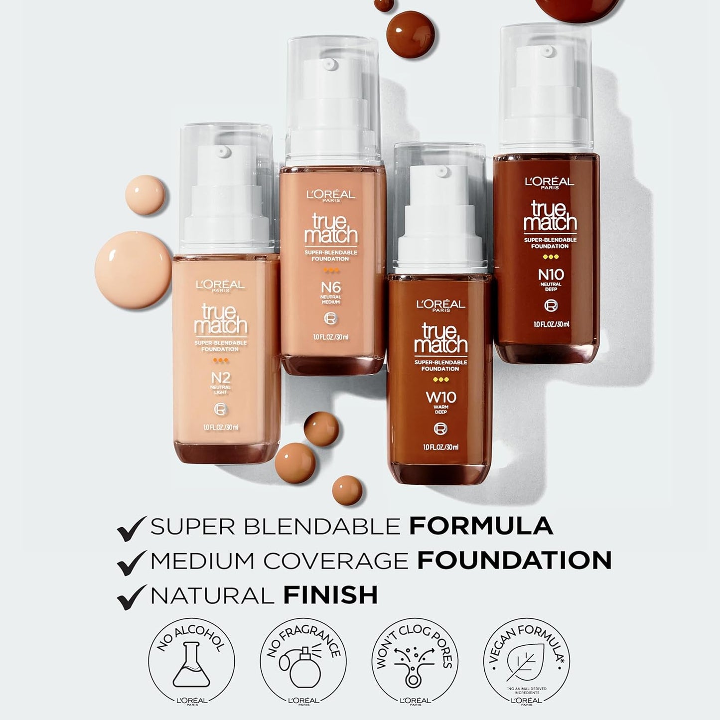 L'Oreal Paris True Match Super-Blendable Foundation, Medium Coverage Liquid Foundation Makeup, N9, Medium Deep, 1 Fl Oz