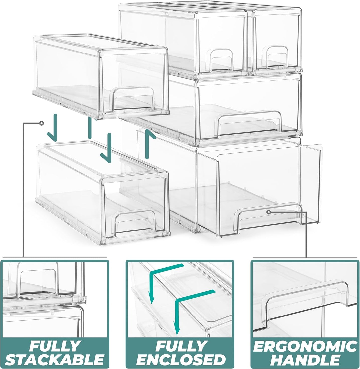 Sorbus 1 Medium & 2 Small Clear Stackable Storage Drawers – Plastic Organizer Bins with Handles – Stackable Pull-Out Storage Drawers for Closet, Pantry, Office, Bathroom, Craft, and Toy Organization