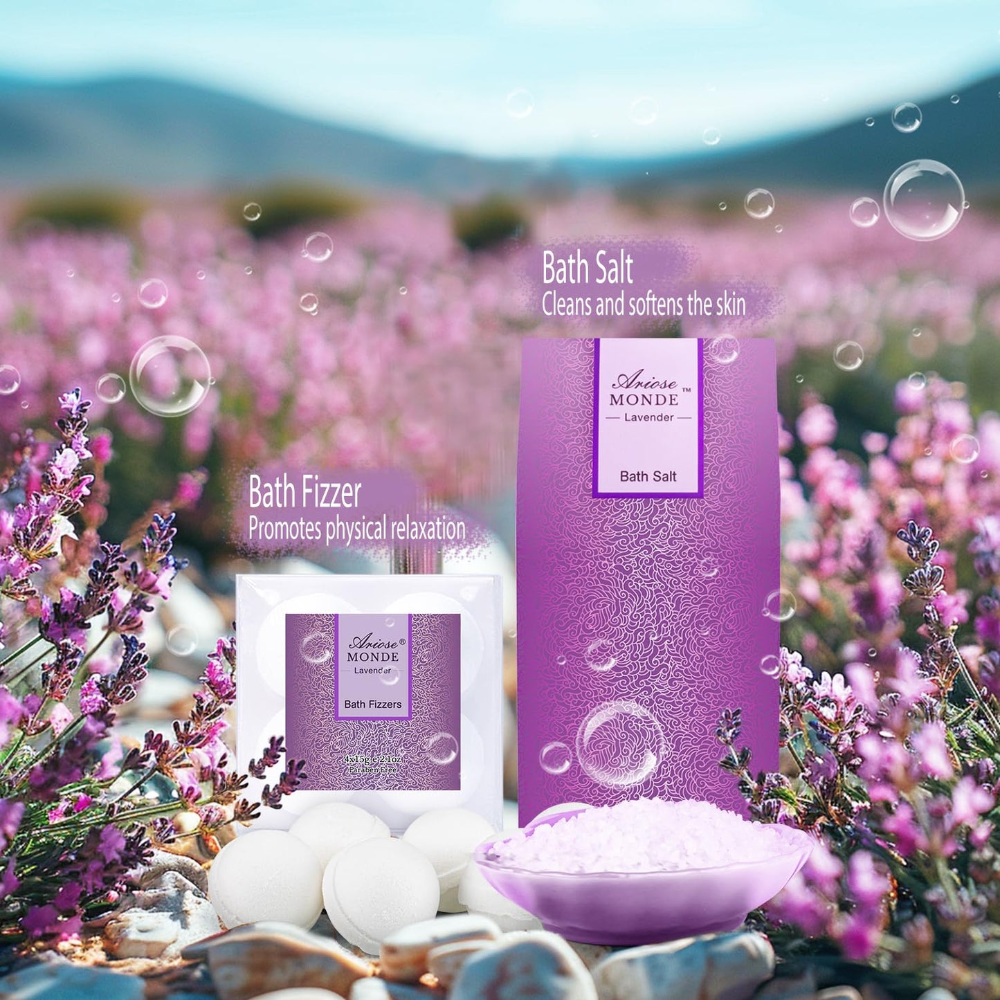 Bath Sets for Women Gift, Bath and Body Gifts Set, Lavender Spa Gift for Self Care Includes Body Lotion, Shower Gel, Bath Salts, Relaxing Bath Sets for Mom, Grandma, Girlfriend, Sister, Friends