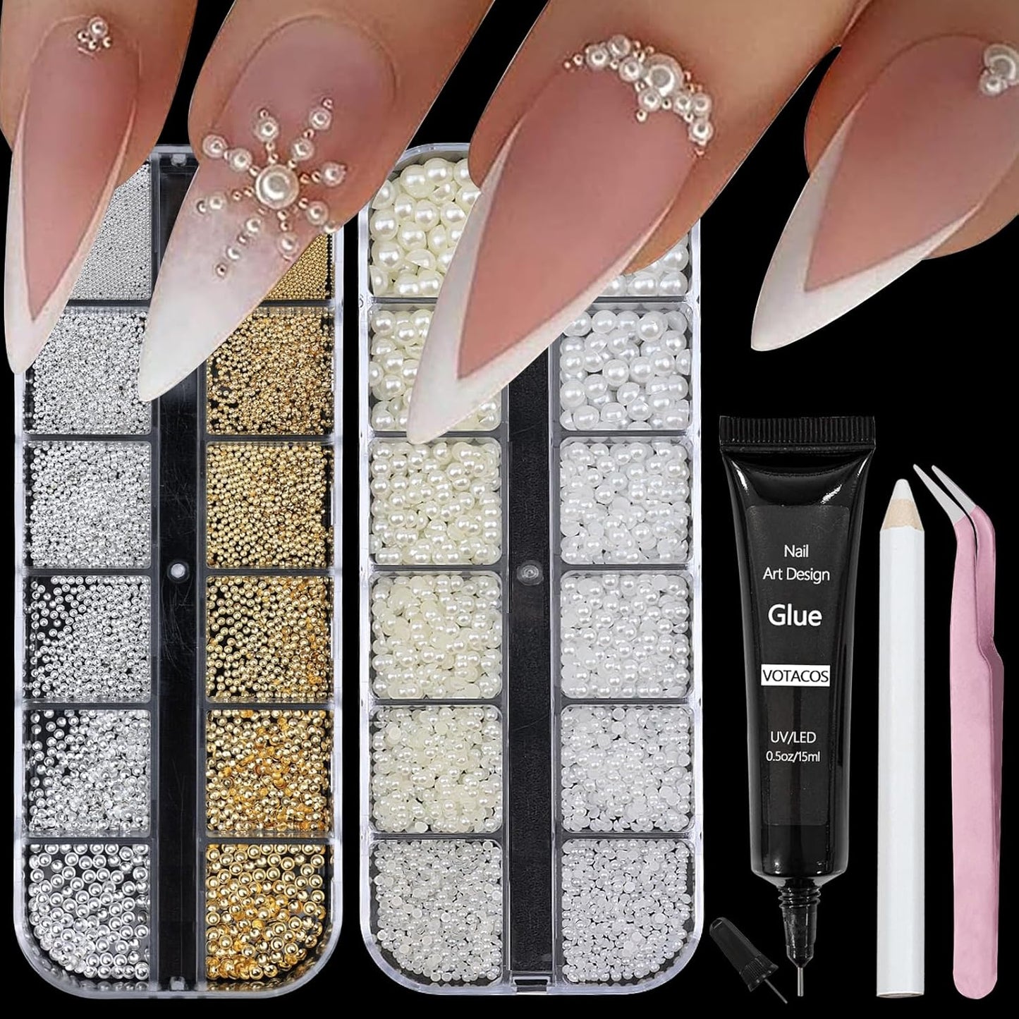 Nail Art Pearls with Nail Rhinestones Glue Gel Flatback Pearls Nail Charms Luxurious Nail Supplies Accessories Gold Silver Nail Gems Jewelry Pearls for Women Nail Design