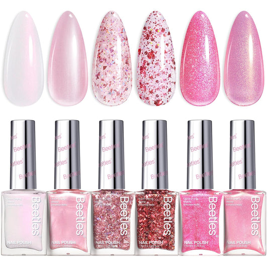 Beetles Glitter Nail Polish Set, 6 Colors Pink Nail Polish Kit Shimmer Gold Nude Jelly Pink Reverie Quick Dry Fingernail Polish Gifts for Women Salon DIY Manicure Kit