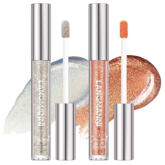 LANGMANNI 2 Colors Diamond Glitter Lip Gloss Set,Long Lasting High Shine Shimmer Liquid Lipstick Set,Hydrating,Moisturizing Lip Gloss Kit Gift Makeup For Girls(#01+02)