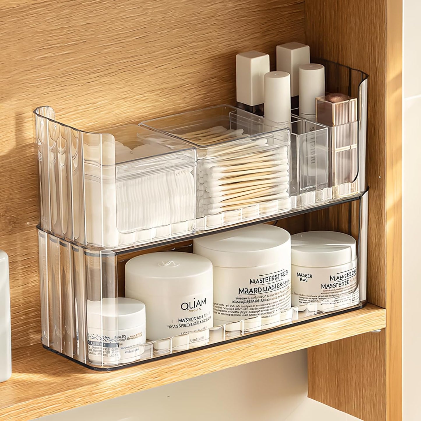 2-Tier Stackable Medicine Cabinet Organizer, Narrow Bathroom Makeup Organizer with Lipstick Holders & Cotton Swab Cases, Clear Countertop Shelf for Mirror Cabinet and Vanity
