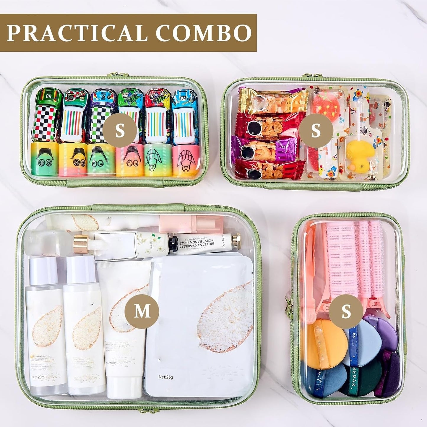 4 pcs Clear Zipper Pouches,Hard Shell Zipper Case, Toiletry Bag for Travel, CLear Diaper Bag, Toiletry Pouch, Travel Organizer, Clear Cosmetic Bag,Toy Storage Bins (M+3S) (Mint Green)
