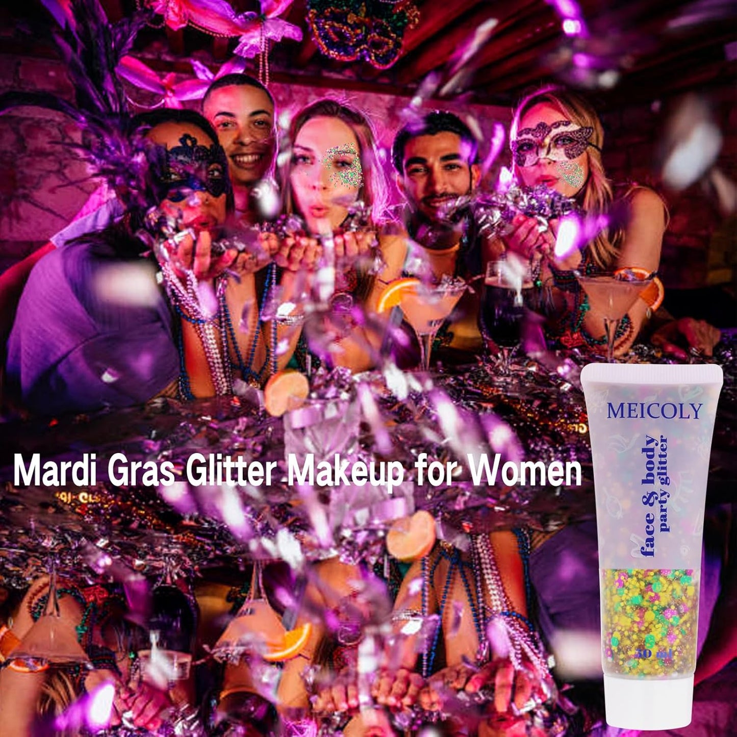 MEICOLY Mardi Gras Face Glitter,Mardi Gras Outfit for Women Kids,Mardi Gras Accessories for Carnival,Gold Green Purple Mixed Chunky Glitter,Rave Festival St Patricks Day Glitter for Face/Body/Hair