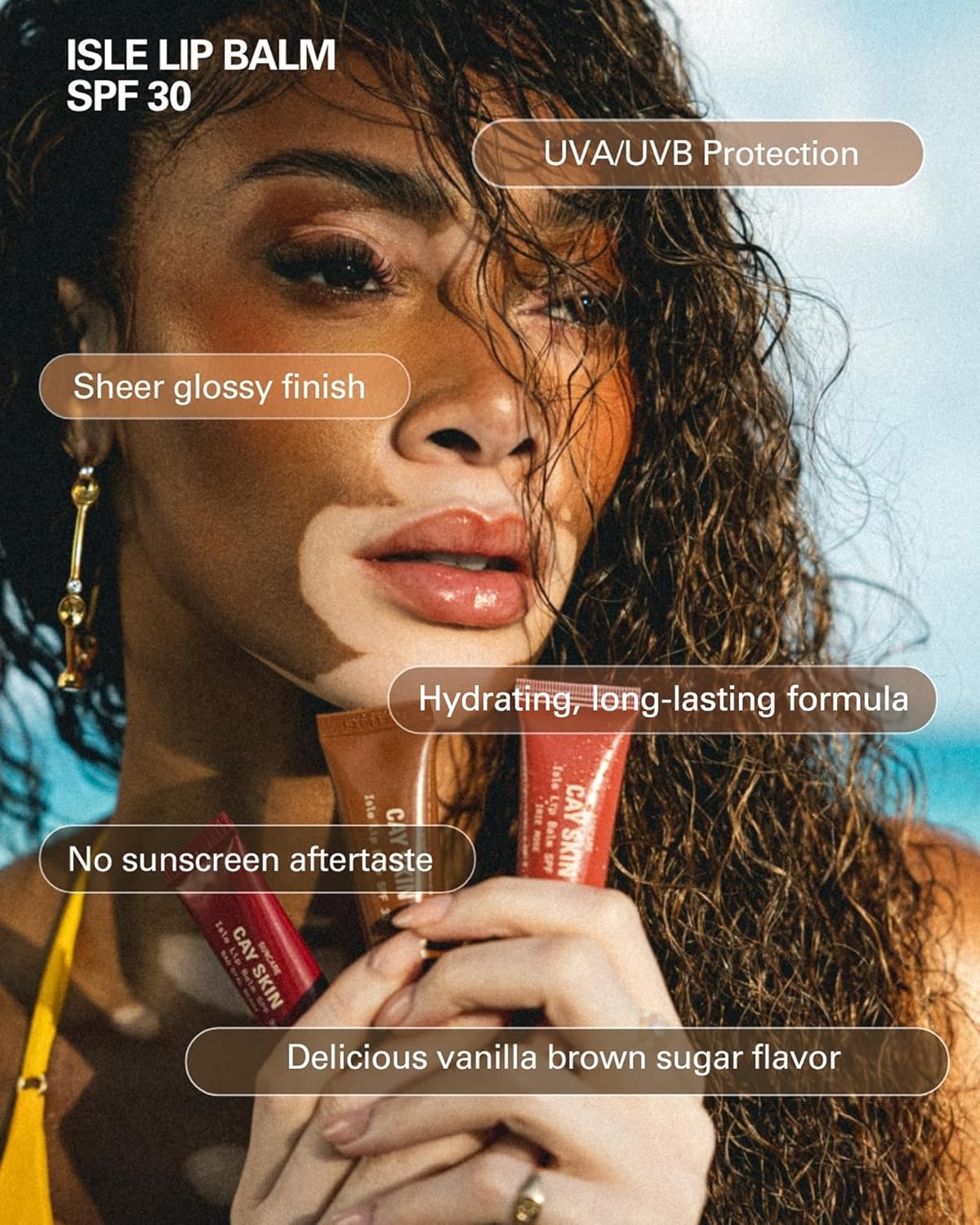 Cay Skin Isle Lip Balm SPF 30 – High Shine, Hydrating + Sheer Lip Gloss in Vanilla Brown Sugar Flavor – Formulated with Natural Ingredients for All Skin Tones – 3-Pack, Nude Ting, 1.05 oz