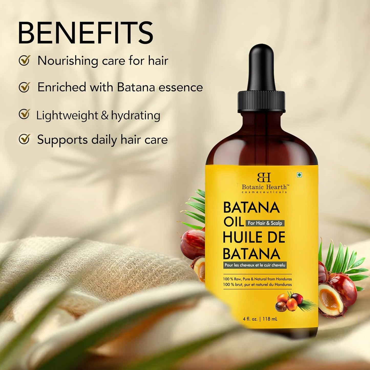 Botanic Hearth 100% Pure Batana Oil for Hair Growth- Weightless(Glass bottle 4 fl oz) from Honduras|Hair Oil Repairs Dry Damaged Hair, Strengthening, Healthier Hair- Hair Tonic