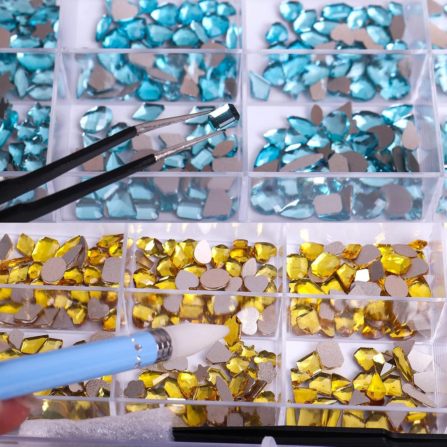 3320Pcs Lemon Yellow Nail Art Rhinestones Crystal,3D Rhinestones Gems Jewels Diamond,24 Types of 320 Diamonds + 3000 Round Beads, Crystals 3D Flat Back Gemstones for Nail DIY Crafts with Tweezers Pen