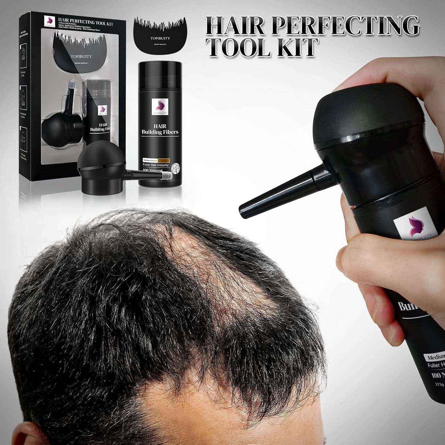 Hair Fibers & Applicator 3-in-1 Set - Natural Concealing Hair Thickening Fibers - Long-Lasting Spray with Accessory for Crisp Hairlines, Thicker Beard & Styling (medium brown)